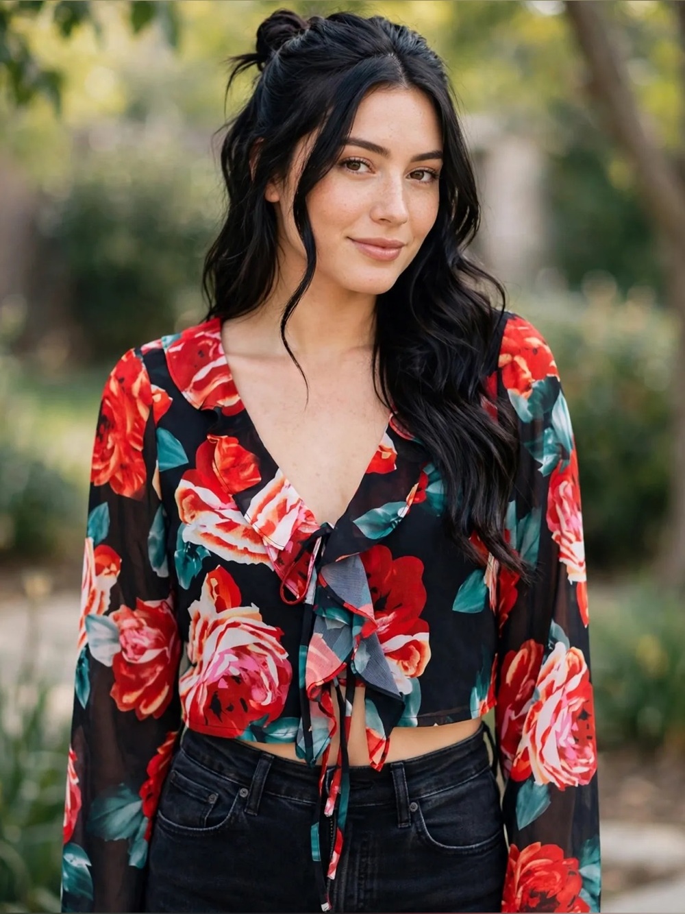 NWT boohoo Floral Chiffon Tie Front Ruffle Long Sleeve Crop Blouse 8